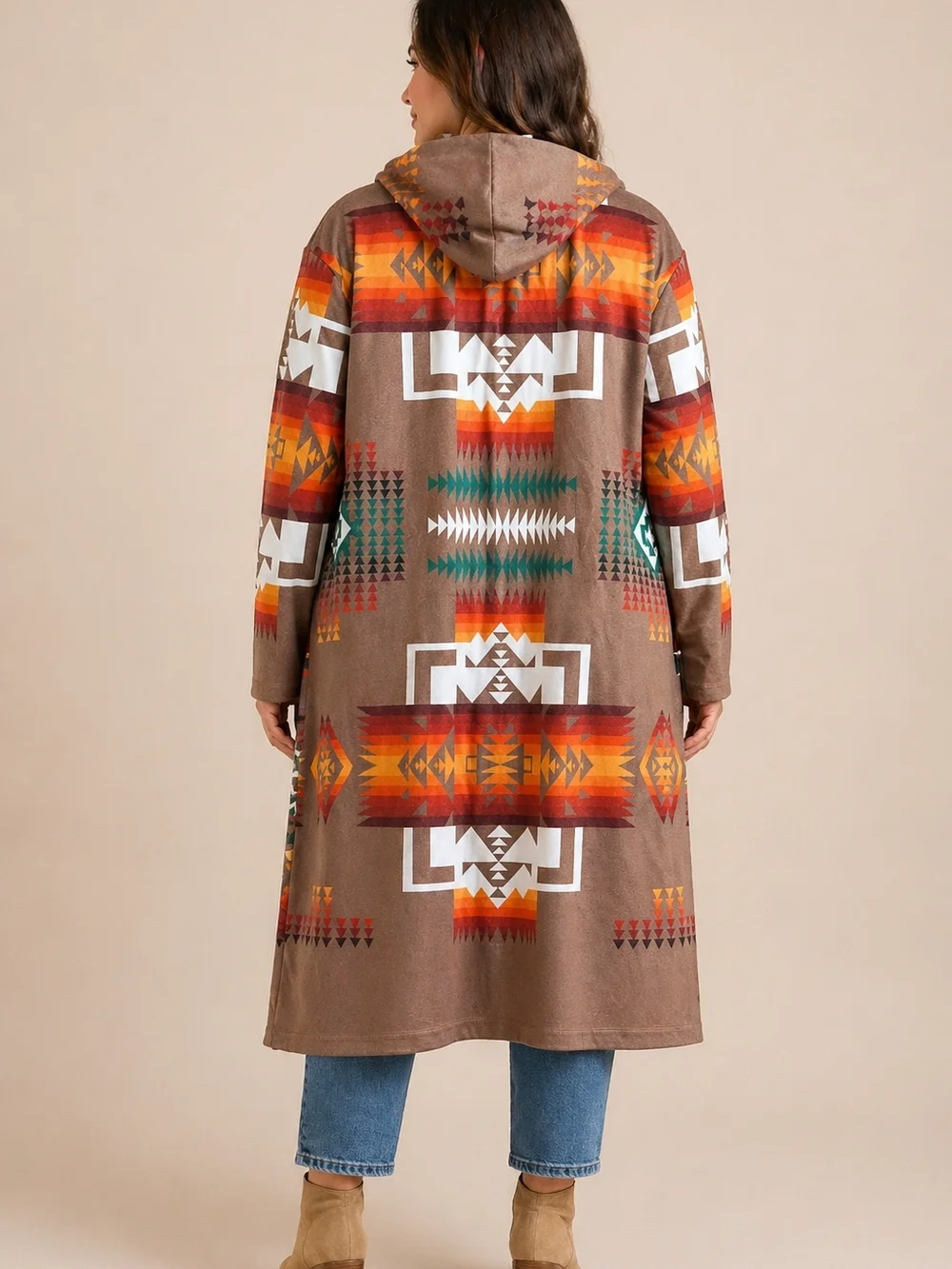 Long Hooded Oversized Aztec-Print Coatigan in Brown - NWOT - S - Picture 2 of 2